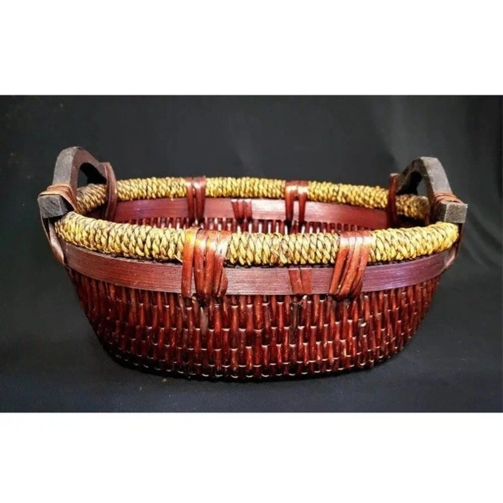 Vintage Chinese Woven Willow Basket With Wood Handles 12